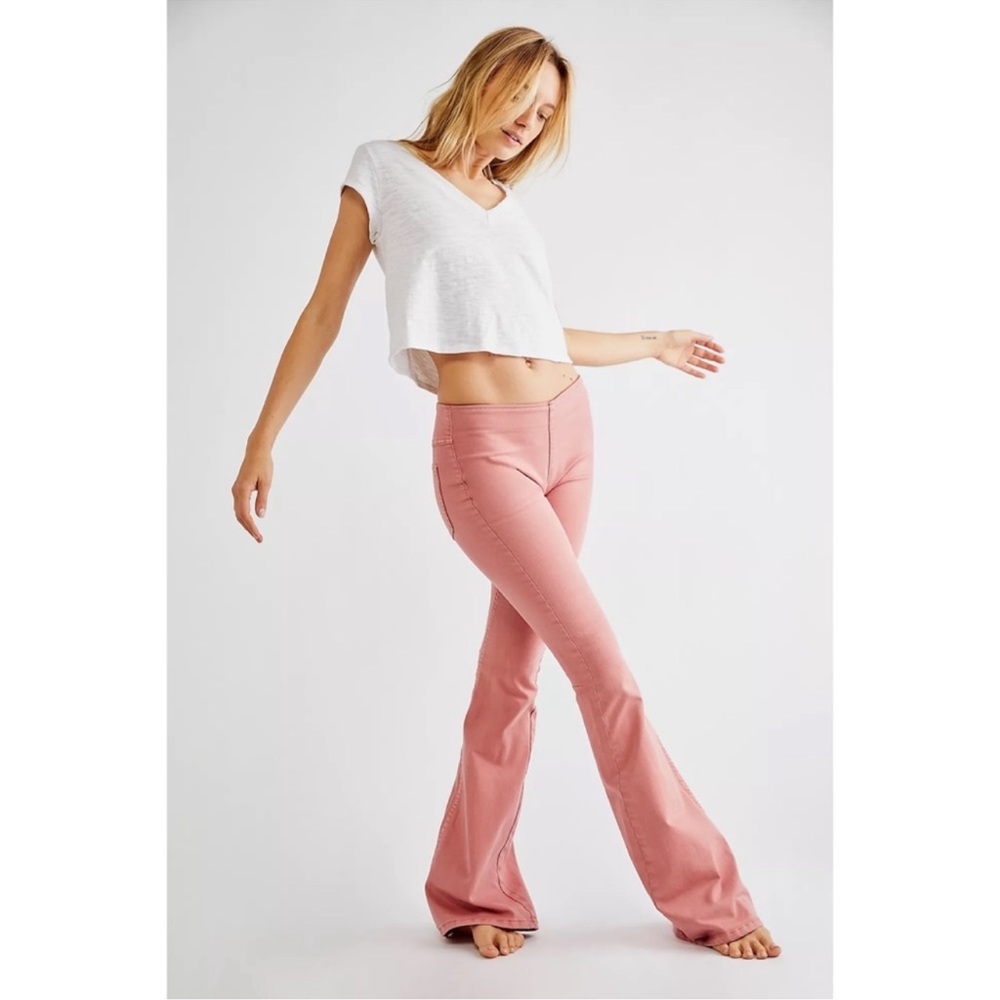 Free People Penny Clay Roses Pink Pull On Flare Jeans